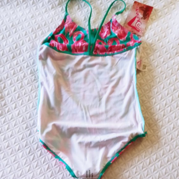 NEW Girls SZ14 One Piece Flamingo Bathing Suit Turquoise - Picture 6 of 10